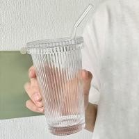 ราคา ถ้วยมีฝาแก้วลายทางพร้อมฝาปิดถ้วยน้ำแก้วกาแฟนมถ้วยเครื่องดื่มขนาด375มล พร้อมฝาปิด (18141120801)