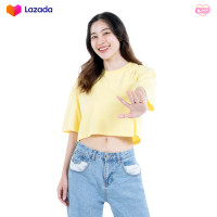 ราคา ChobCrop เสื้อครอป เอวลอย สีเหลืองอ่อน แขนสั้น คอกลม ผ้าคอตตอน มี3ทรง Light Yellow Crop (19684438106)