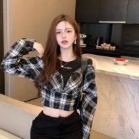ราคา เสื้อเชิ้ตลายสก็อตสุดเท่ห์สำหรับผู้หญิงเสื้อเบลาส์แบบเย็บเปิดไหล่แขนยาวสองชิ้นหลอก (13384054532)