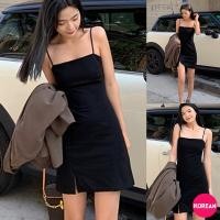 ราคา Korean Fashion มินิเดรสสายเดี่ยวสีดำ ผ่าหน้า ผ้านิ่มเด้งยืด เดรสออกเดท (14230775836)