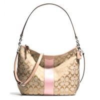 ราคา กระเป๋าสะพาย COACH แท้ ผ้าลาย Signature สายหนังแท้ ใบใหญ่ มีสายยาว COACH 29941 Signature Stripe Jacquard Convertible Hobo Bag Pink (20770244461)
