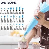 ราคา Onetwone 28 ชิ้น เซ็ตถุงทำขนมซิลิโคนเคล็ดลับ DIY เค้กตกแต่งเครื่องมือห้องครัว DIY Icing Piping Cream Reusable ถุงบีบลายขนม 24 ชุดหัวฉีด (746786267)