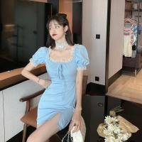ราคา เดรสคุณหนูเดรสแต่งลูกไม้สีขาวย้อนยุคน่ารักมาก มินิเดรสผ่าชายหน้าเซ็กซี่เบาๆ เดรสสีฟ้ารัดรูปแขนพองพร้อมส่งจร้า (12675101857)