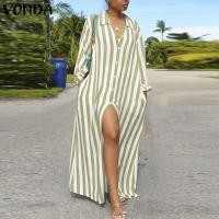 ราคา VONDA ชุดเดรสผ่าหน้าคอปกเดรสลายแขนยาวสำหรับผู้หญิงใส่ในวันหยุดเสื้อกระดุมแบบลำลอง แฟชั่นตะวันตก (20526274750)