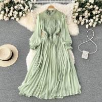 ราคา หรูหราชีฟองยาว Dress ผู้หญิงแฟชั่นเกาหลีจีบค่ำพรรคเดรสสุภาพสตรีฝรั่งเศส Maxi รอบคอ Dress (15835337292)