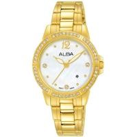 ราคา นาฬิกาข้อมือผู้หญิง ALBA รุ่น AH7R28X1 ขนาดตัวเรือน 30 มม สีทอง หน้าปัดสีขาวมุข ขอบประดับด้วยคริสตัลจาก Swarovski QUARTZ 3 เข็ม (8151938228)
