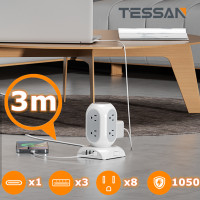 ราคา TESSAN USB C Power Strip Tower with 8AC Outlets 1050J Surge Protectors Charging Station for Phones 10FT Extension Cord with Multiple outlets for Dorm Rooms Home Office Essentials (20721166283)