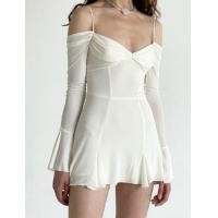 ราคา Flounced Edge Skinny White Mini Dress Long Flared Sleeve Spaghetti Strap Off Shoulder Low Cut Sling Dress Party Streetwear (16250331665)