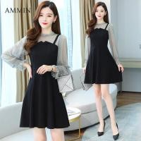ราคา AMMIN ชุดเดรสแขนยาวจับจีบสีดำแบบผ่าข้างผ้าชีฟองปลอม2ท่อนสไตล์เกาหลีเดรสคอกลมใหม่สำหรับฤดูใบไม้ร่วง (20415482502)