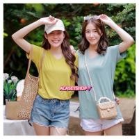 ราคา Acasey เสื้อแขนสั้นผู้หญิง เสื้อยืดคอวี เนื้อผ้าเรย่อน งานป้าย อก38 44นิ้ว วีใหญ่เรย่อน ไซส์ 38 44นิ้ว (15655578266)