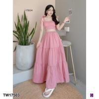 ราคา SS17503 Set 2 ชิ้น เสื้อครอป สายผูกไหล่สี พื้น กระโปรงยาว สีพื้น Cropped top solid color shoulder strap long skirt (14514939706)