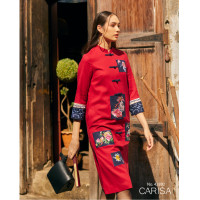 ราคา เดรสกี่เพ้า คอจีน ผ้าลินินผสมคอตตอล ปักลวดลายจีนสีสันสวยสดใส ใส่สบาย งานสวยหรู 4292 (17281009112)