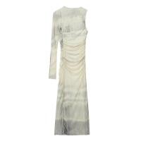 ราคา เดรสยาวผ้าโปร่งพิมพ์ลายสำหรับผู้หญิงชุดเดรสปิดตาข่ายไหล่แขนยาวไม่สมมาตรกึ่งตรงดิ่งชุดเดรสมิดี (20289086192)