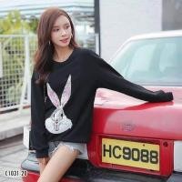 ราคา 1031 มินิเดรส แขนยาว ผ้าคอตตอนแมงโก้ เย็บเลี่อม กระต่าย bunny คอกลม แขนและชายจั๊มเปอร์ เดรสออกเดท (418547130)