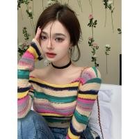 ราคา เสื้อปาดไหล่ลายทางสีรุ้งแนวสวยหวานออกแบบพิเศษสำหรับต้นฤดูใบไม้ร่วงเสื้อตัวในใส่ด้านในแบบสั้นดูแพงสำหรับสาวแซ่บผู้หญิง (16014172138)