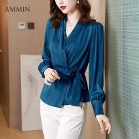 ราคา AMMIN เสื้อเชิ้ตแขนยาวผ้าชีฟองผูกโบว์คอวีไขว้สำหรับผู้หญิงเสื้อซาตินระดับไฮเอนด์สไตล์เกาหลีสีทึบเรียบง่ายเสื้อสตรีหรูหราฤดูใบไม้ร่วงปี2023 (20727534889)