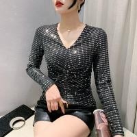 ราคา YIMEI เสื้อยืดคอวีแขนยาวสำหรับผู้หญิงเสื้อปักเลื่อมผ้าไหมประกายระยิบระยับ2023แฟชั่นใหม่ (20003749260)