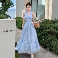 ราคา พร้อมส่ง S XL dress เดรส เดรสยาว เดรสสีฟ้า เดรสใส่วันแม่ ชุดสีฟ้า เดรสพริ้วๆ ใส่ไปทะเล ใส่ไปงานแต่ง ใส่ไปเที่ยว เดรสลายตารางริ้วขาวฟ้า เดรสแขนกุด คอผูกโบว์ ซับในทั้งตัว (19411465617)