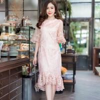 ราคา เดรสไปงาน เดรสออกงาน เดรสแขนกระดิ่งผ้าลูกไม้ทอเลื่อมทองหรูหรากระโปรงระบายจับจีบ สั้นหน้ายาวหลัง มี Size S 3XL (10906797359)