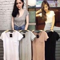 ราคา พร้อมส่ง เสื้อยืดคอวี กระเป๋าหน้า ชายโค้ง ผ้าเรย่อน งานป้าย (3171120546)