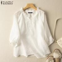 ราคา จัดส่งฟรี Esolo ZANZEA เสื้อเสื้อแบบมีระบายกระดุมคอวีสำหรับผู้หญิงชายหาดผ้าฝ้ายทรงหลวมเสื้อสตรีปักลายลำลอง 2 (19979366209)