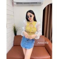 ราคา FS เสื้อคอจีน แต่งโบว์ ลำตัวสม๊อค ผ้าลายสก็อต แต่งแขน ผ้านิ่ม (17586947300)