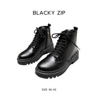 ราคา รองเท้าบูทแฟชั่นผู้หญิง ไซส์ใหญ่ แบบผูกเชือก มีซิปข้าง บูทสีดำ รุ่น Blacky zip (20481429216)