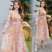 ราคา เดรสแขนยาว ผ้าชีฟอง S 2XL ชุดเดรสยาว ชุดออกงาน ชุดไปงาน เดรสลายดอก งานป้าย Patcha (20957438983)