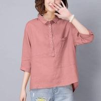 ราคา เสื้อเบลาส์สีพื้นแขนสามส่วนสำหรับผู้หญิงเสื้อสตรีผ้าคอตตอนลินินเลียนแบบบางหรูหราทรงหลวมสไตล์ใหม่สำหรับฤดูร้อน (9980768233)