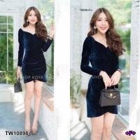 ราคา เดรสกำมะหยี่แขนยาว จับจีบเว้าอก แต่งชายกระโปรงไขว้ เนื้อผ้ากำมะหยี่ เดรสสั้น เดรสกำมะหยี่ เดรสออกงาน (17969747347)