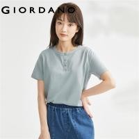 ราคา GIORDANO Women T Shirts Gentle Henley Neck Comfort Cotton Tee Simple Solid Color Short Sleeve Summer Casual Tshirts 05323385 ccv (20036910494)