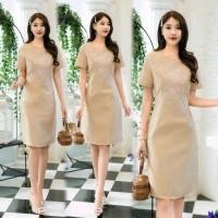 ราคา 2 สี เดรสผ้าไหมสังเคราะห์ปักลูกไม้มุก สวยเรียบหรู สีทอง ชมพูอ่อน M 3XL เดรสออกงาน เดรสไปงาน (17488592871)