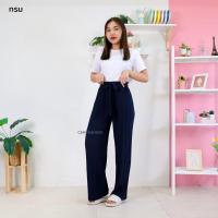 ราคา 9909 กางเกง เอวสูง ขายาว อัดพลีท เอวขนมจีบ แต่งขอบระบาย (21247057291)