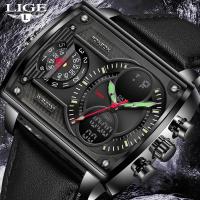 ราคา LIGE นาฬิกาใหม่สำหรับผู้ชายนาฬิกาข้อมือควอตซ์ดิจิทัลทรงสี่เหลี่ยมกันน้ำนาฬิกาสปอร์ตสำหรับผู้ชายนาฬิกาจอแสดงผลคู่ กล่อง (14277653339)