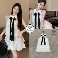 ราคา เดรสแขนกุดลูกไม้ฉลุตัวสั้นระบาย4ชั้นสีขาว ช่วงคอแต่งริบบิ้นดแกไม้สีดำ (19729342708)