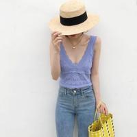 ราคา ꕥCatalog Fashionꕥ เสื้อกล้ามไหมพรมขอบหยัก ฉลุลายสามเหลี่ยม 6 สี คอวีลึก (20481072921)