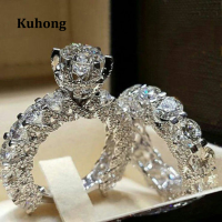 ราคา Kuhong แหวนเพชรกลมแฟชั่นสตรี2ชิ้นแหวนหมั้นแหวนแต่งงานแบบฝังหกกรงเล็บ (12732534557)