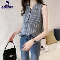 ราคา GEMEITE Fast Delivery Women Chiffon Shirt V neck Sleeveless Striped Printing Loose Thin Fashion T shirt (20914130832)