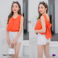 ราคา ส่งไว M17391 เสื้อ สาวอวบ คอกระเช้าแต่งโบว์หลัง (13517651572)