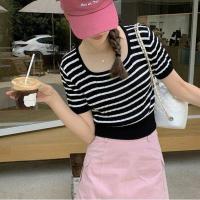 ราคา H H พร้อมส่ง เสื้อไหมพรมแขนสั้น ดีเทลลายทางแขนจั๊มใส่สบาย M2006 C (18703474848)