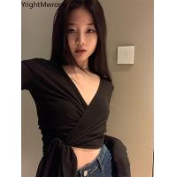ราคา Cross Waist Lace Up Tie Bow V Neck T Shirt Long Sleeve T Shirt Women Fall Clothes Korean Bodycon Crop Top y Fashion Aesthetic (13019449458)
