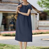 ราคา ZANZEA เดรสผู้หญิงสไตล์เกาหลีเดรสซันเดรสคอกลมแขนสั้นชุดลำลองย้อนยุคผ้าฝ้ายลินินแบบลำลองซันเดรส 8 (21193189371)