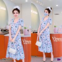 ราคา TW12266 แม็กซี่เดรสลายดอกชายผ่าระบาย แมส ยางมัดผม (2017048639)