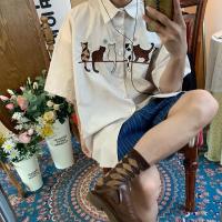 ราคา EERSHENSHI เสื้อเชิ้ตแขนสั้นลายน่ารักการ์ตูนผู้ชายแขนสั้นเสื้อลำลองเสื้อปักลายแมว (19095154210)