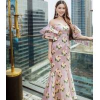 ราคา พร้อมส่ง S 2XL GANNIESHOP dress เดรส เดรสยาว เดรสสีชมพู เดรสเปิดไหล่ เดรสออกงาน ชุดราตรี เดรสลายดอก แขนระบาย เดรสสาวอวบ ชุดออกงาน ใส่ไปงานแต่ง (10117841484)