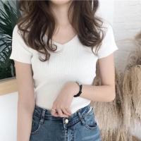 ราคา เสื้อไหมพรมแขนสั้น คอวี ทรงรัดรูป NO 38 (1616116056)