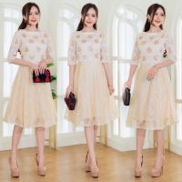 ราคา เดรสออกงาน เดรสลูกไม้ญี่ปุ่นทรงน่ารักงานปักลายผสมกลิตเตอร์วิ้งๆสีทองสลับลูกไม้ครีม มี size M 4XL (14105406586)