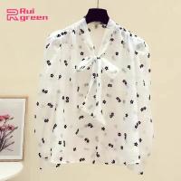 ราคา เสื้อแขนยาวแฟชั่นสไตล์ฝรั่งเศสสำหรับผู้หญิงการพิมพ์ที่สง่างามผูกโบว์เสื้อสวมหัวคอวีหวานสี ขาวขนาด S (17429710992)