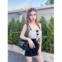 ราคา เซ็ตผ้าโรเชช ผ้าเทพ สายเดี่ยวสานหน้าเสริมฟองน้ำ กางเกงดึงยางหลังใส่ซิป (17287168745)