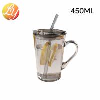 ราคา จัดส่งจากประเทศไทย แก้วกาแฟ ใส ไตล์เรียบง่ายมีหูจับพร้อมฝาปิดและหลอด450ml (21093927524)